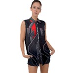 Gamer Tech Black Mesh Red Modern Shape Texture Geometric Pattern Sleeveless Chiffon Button Shirt