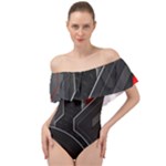 Gamer Tech Black Mesh Red Modern Shape Texture Geometric Pattern Off Shoulder Velour Bodysuit 