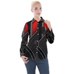 Gamer Tech Black Mesh Red Modern Shape Texture Geometric Pattern Women s Long Sleeve Pocket Shirt