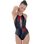 Gamer Tech Black Mesh Red Modern Shape Texture Geometric Pattern Plunge Cut Halter Swimsuit