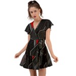 Gamer Tech Black Mesh Red Modern Shape Texture Geometric Pattern Flutter Sleeve Wrap Dress