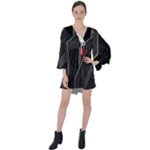 Gamer Tech Black Mesh Red Modern Shape Texture Geometric Pattern V-Neck Flare Sleeve Mini Dress