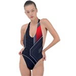 Gamer Tech Black Mesh Red Modern Shape Texture Geometric Pattern Backless Halter One Piece Swimsuit