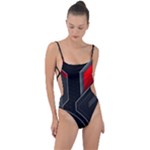 Gamer Tech Black Mesh Red Modern Shape Texture Geometric Pattern Tie Strap One Piece Swimsuit