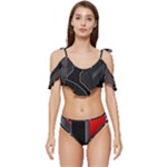 Gamer Tech Black Mesh Red Modern Shape Texture Geometric Pattern Ruffle Edge Tie Up Bikini Set	