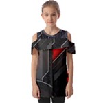 Gamer Tech Black Mesh Red Modern Shape Texture Geometric Pattern Fold Over Open Sleeve Top
