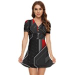Gamer Tech Black Mesh Red Modern Shape Texture Geometric Pattern V-Neck High Waist Chiffon Mini Dress