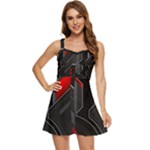 Gamer Tech Black Mesh Red Modern Shape Texture Geometric Pattern Ruffle Edge Bra Cup Chiffon Mini Dress