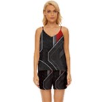 Gamer Tech Black Mesh Red Modern Shape Texture Geometric Pattern V-Neck Satin Pajamas Set