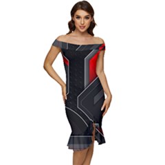 Off Shoulder Ruffle Split Hem Bodycon Dress 