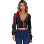 Gamer Tech Black Mesh Red Modern Shape Texture Geometric Pattern Long Sleeve Deep-V Velour Top