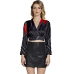 Gamer Tech Black Mesh Red Modern Shape Texture Geometric Pattern Long Sleeve Tie Back Satin Wrap Top