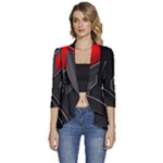 Gamer Tech Black Mesh Red Modern Shape Texture Geometric Pattern Women s 3/4 Sleeve Ruffle Edge Open Front Jacket