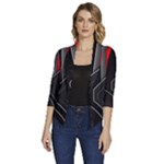 Gamer Tech Black Mesh Red Modern Shape Texture Geometric Pattern Women s Draped Front 3/4 Sleeve Shawl Collar Jacket