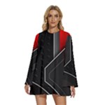Gamer Tech Black Mesh Red Modern Shape Texture Geometric Pattern Round Neck Long Sleeve Bohemian Style Chiffon Mini Dress