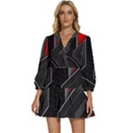 Gamer Tech Black Mesh Red Modern Shape Texture Geometric Pattern V-Neck Placket Mini Dress