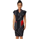 Gamer Tech Black Mesh Red Modern Shape Texture Geometric Pattern Vintage Frill Sleeve V-Neck Bodycon Dress