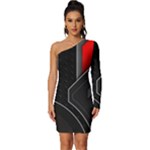 Gamer Tech Black Mesh Red Modern Shape Texture Geometric Pattern Long Sleeve One Shoulder Mini Dress