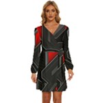 Gamer Tech Black Mesh Red Modern Shape Texture Geometric Pattern Long Sleeve Waist Tie Ruffle Velvet Dress