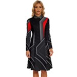 Gamer Tech Black Mesh Red Modern Shape Texture Geometric Pattern Long Sleeve Shirt Collar A-Line Dress