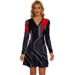 Gamer Tech Black Mesh Red Modern Shape Texture Geometric Pattern Long Sleeve Deep V Mini Dress 