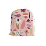 Scandinavian Flat Floral Background Coral Pink White Black Gold Pattern Drawstring Pouch (Large)