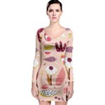 Scandinavian Flat Floral Background Coral Pink White Black Gold Pattern Long Sleeve Bodycon Dress