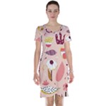 Scandinavian Flat Floral Background Coral Pink White Black Gold Pattern Short Sleeve Nightdress