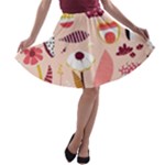 Scandinavian Flat Floral Background Coral Pink White Black Gold Pattern A-line Skater Skirt