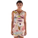 Scandinavian Flat Floral Background Coral Pink White Black Gold Pattern Wrap Front Bodycon Dress
