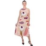 Scandinavian Flat Floral Background Coral Pink White Black Gold Pattern Midi Tie-Back Chiffon Dress
