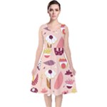Scandinavian Flat Floral Background Coral Pink White Black Gold Pattern V-Neck Midi Sleeveless Dress 