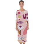 Scandinavian Flat Floral Background Coral Pink White Black Gold Pattern Quarter Sleeve Midi Bodycon Dress
