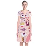 Scandinavian Flat Floral Background Coral Pink White Black Gold Pattern Short Sleeve Front Wrap Dress