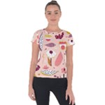 Scandinavian Flat Floral Background Coral Pink White Black Gold Pattern Short Sleeve Sports Top 