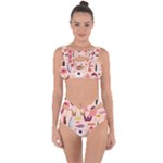 Scandinavian Flat Floral Background Coral Pink White Black Gold Pattern Bandaged Up Bikini Set 