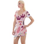Scandinavian Flat Floral Background Coral Pink White Black Gold Pattern Short Sleeve Asymmetric Mini Dress