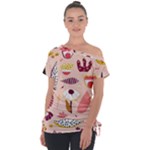 Scandinavian Flat Floral Background Coral Pink White Black Gold Pattern Off Shoulder Tie-Up T-Shirt