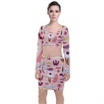 Scandinavian Flat Floral Background Coral Pink White Black Gold Pattern Top and Skirt Sets