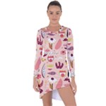 Scandinavian Flat Floral Background Coral Pink White Black Gold Pattern Asymmetric Cut-Out Shift Dress