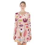 Scandinavian Flat Floral Background Coral Pink White Black Gold Pattern Long Sleeve Velvet V-neck Dress