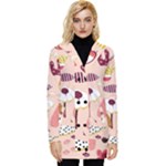 Scandinavian Flat Floral Background Coral Pink White Black Gold Pattern Button Up Hooded Coat 