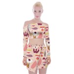 Scandinavian Flat Floral Background Coral Pink White Black Gold Pattern Off Shoulder Top with Mini Skirt Set