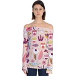 Scandinavian Flat Floral Background Coral Pink White Black Gold Pattern Off Shoulder Long Sleeve Top