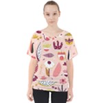 Scandinavian Flat Floral Background Coral Pink White Black Gold Pattern V-Neck Dolman Drape Top