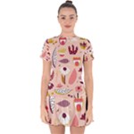 Scandinavian Flat Floral Background Coral Pink White Black Gold Pattern Drop Hem Mini Chiffon Dress