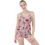 Scandinavian Flat Floral Background Coral Pink White Black Gold Pattern Boyleg Tankini Set 