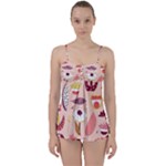 Scandinavian Flat Floral Background Coral Pink White Black Gold Pattern Babydoll Tankini Set