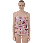 Scandinavian Flat Floral Background Coral Pink White Black Gold Pattern Twist Front Tankini Set
