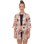 Scandinavian Flat Floral Background Coral Pink White Black Gold Pattern Open Front Chiffon Kimono